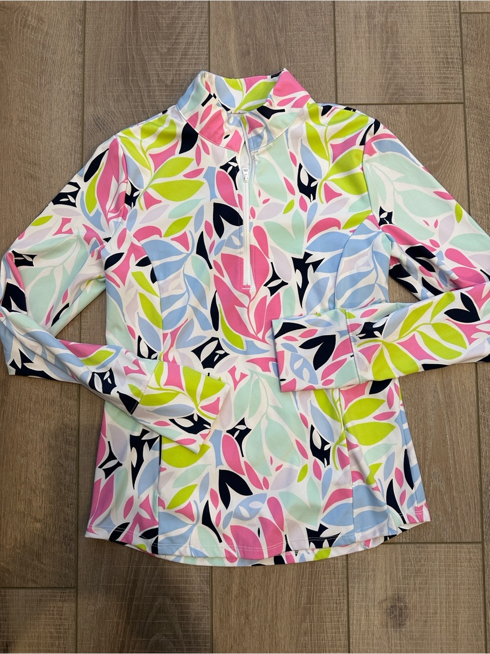 Tommy Bahama Pink, Mint, Navy & Lime Leaf-Print Quarter-Zip Top